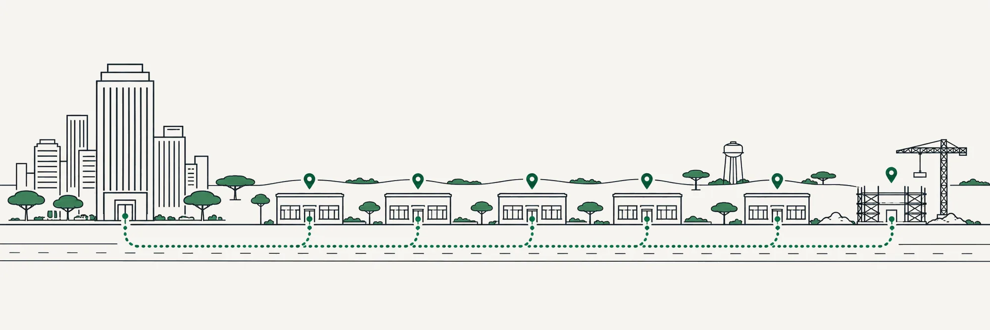 Line-art panorama of Dallas–Fort Worth: a downtown headquarters tower on the left, a green dotted line running along the road to six suburban storefronts of one chain, each under its own map pin, the last one still under construction beside a crane and a water tower
