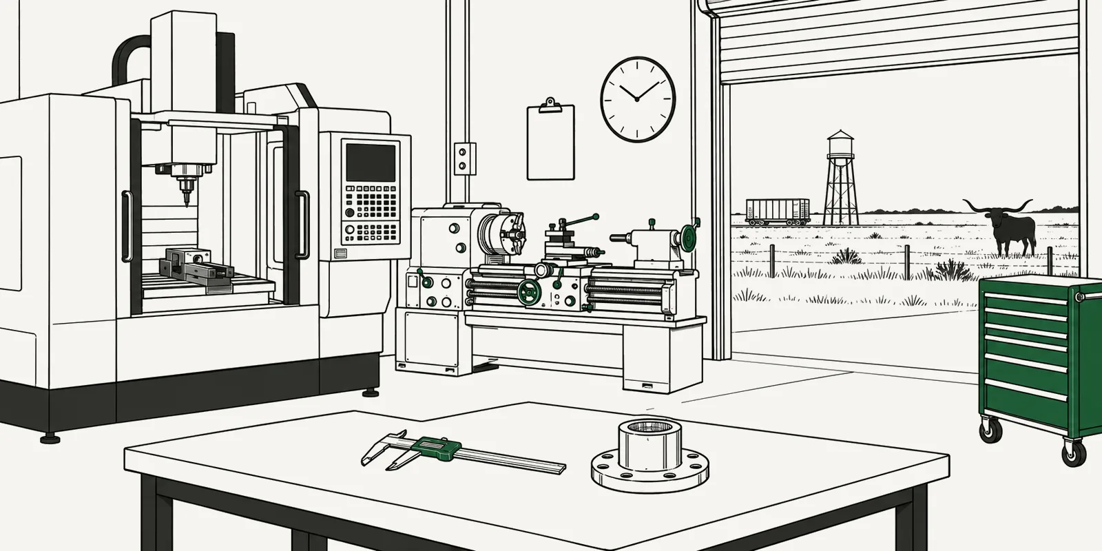 Line-art sketch of a small Texas machine shop seen from its open bay door: a CNC mill, a lathe, a workbench with calipers and a finished part, a clipboard on the wall, and through the door a water tower, a rail line with one freight car and a longhorn steer