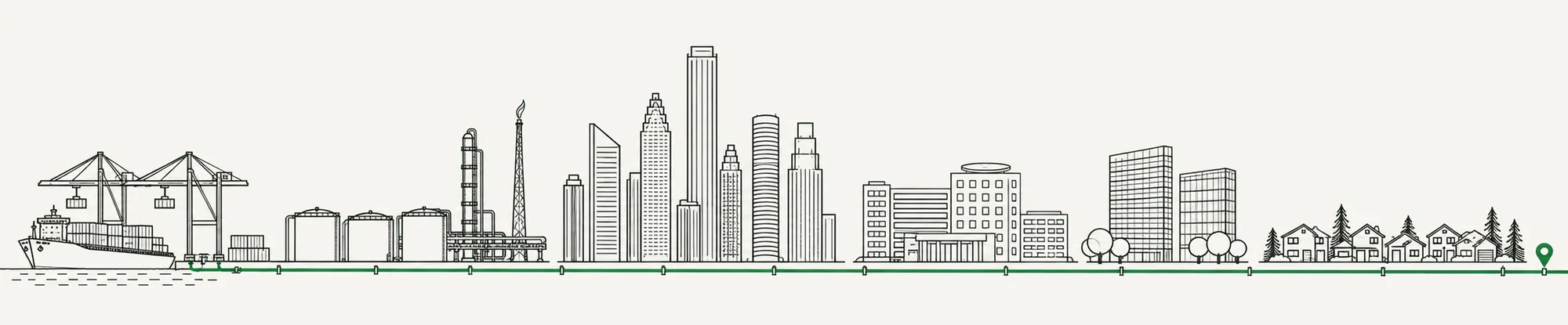 Line-art cross-section of Greater Houston on one green pipeline: a container ship and gantry cranes, storage tanks and a flare stack, the downtown skyline, a hospital cluster, two office slabs and a row of suburban houses
