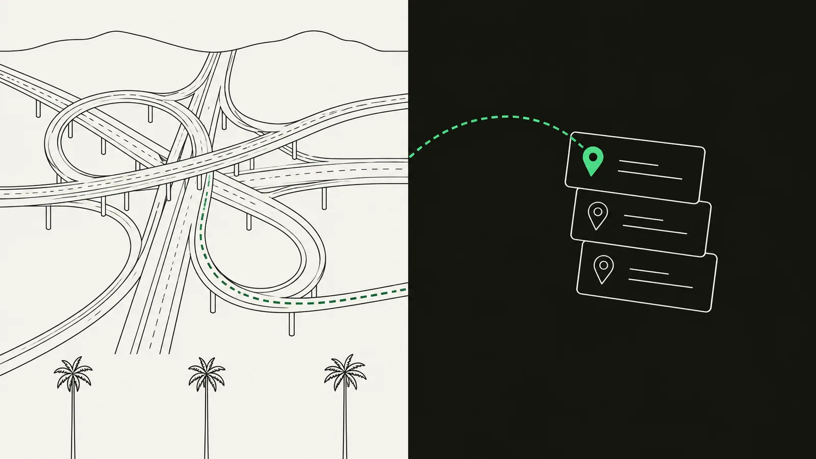 Line-art diptych: a looping freeway interchange with palm trees on the left, three fanned map-pack cards on the right, joined by a dotted green route