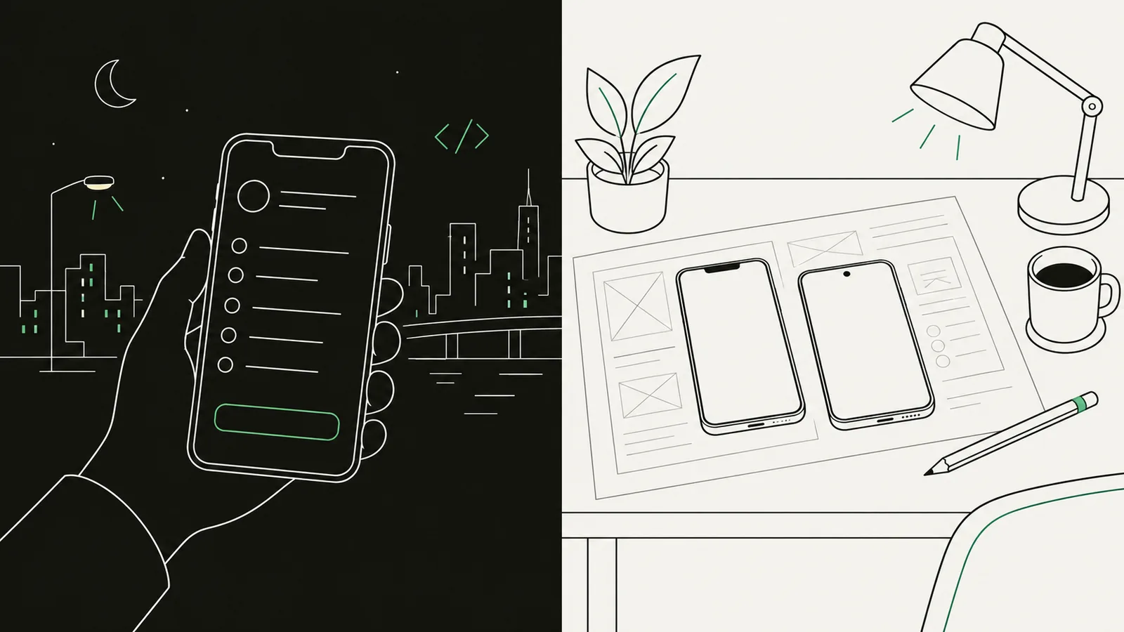Custom mobile app development, one desk to both stores — a hand holding a finished app at night, and the workbench with two phones and wireframes where it was built; line illustration
