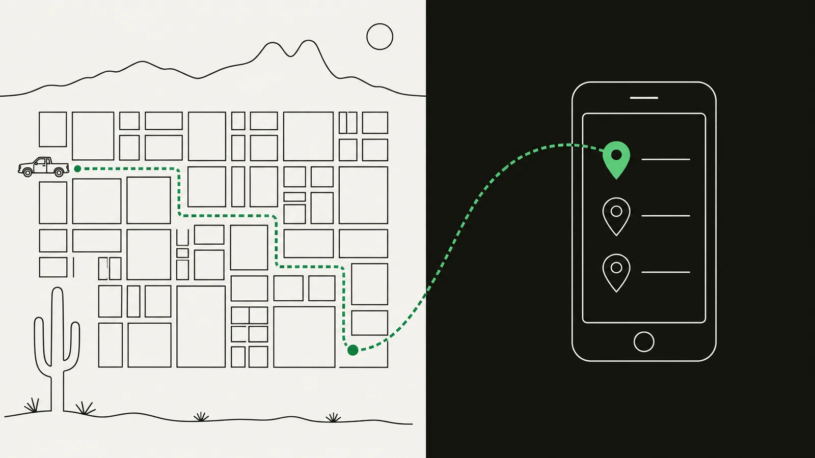 Line-art diptych: a bird's-eye grid of Valley city blocks with a pickup truck's dotted route, Camelback Mountain and a saguaro on the left; a phone showing three map-pack pins on the right, joined by a dotted arc