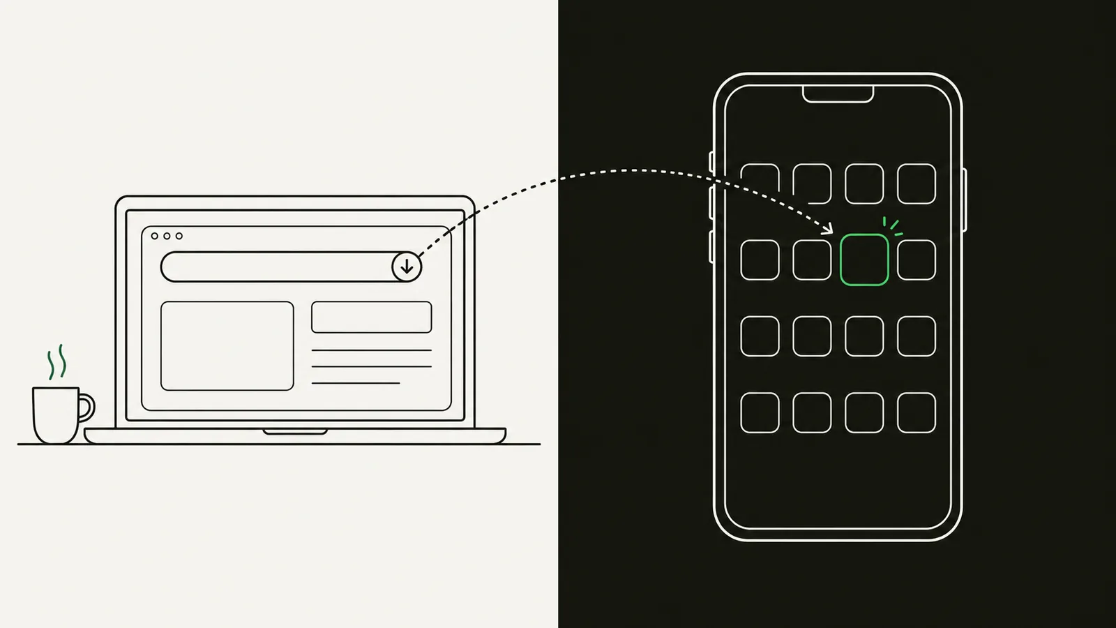 Progressive web app development — the site in the browser becomes the installed app: a dotted arc from a laptop's install button lands as a new icon on a phone home screen; line illustration