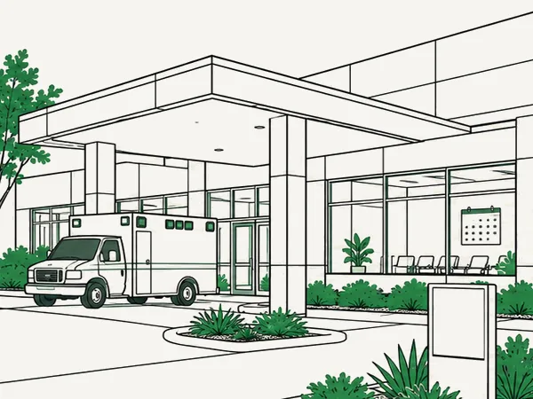 Line-art outpatient clinic with a covered entrance, an ambulance at the curb and a wall calendar in the window
