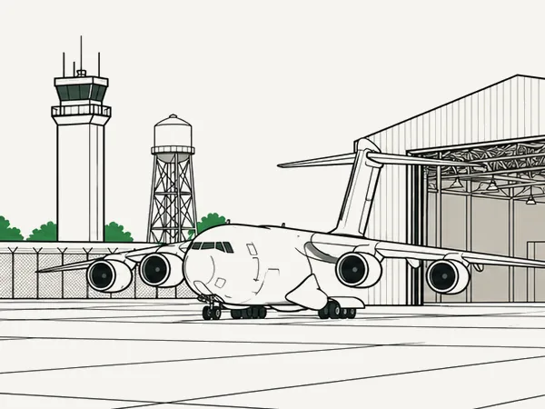 Line-art flight line: a four-engine cargo aircraft on an apron beside an open hangar, a control tower and a water tower