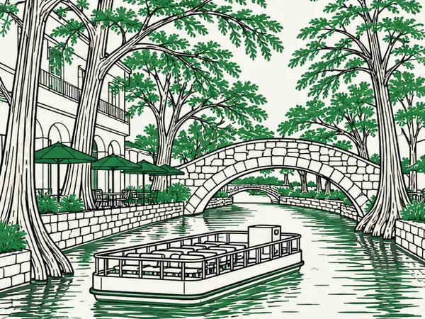Line-art River Walk: an open tour barge under a stone arch footbridge, bald cypress trees and cafe umbrellas on the bank