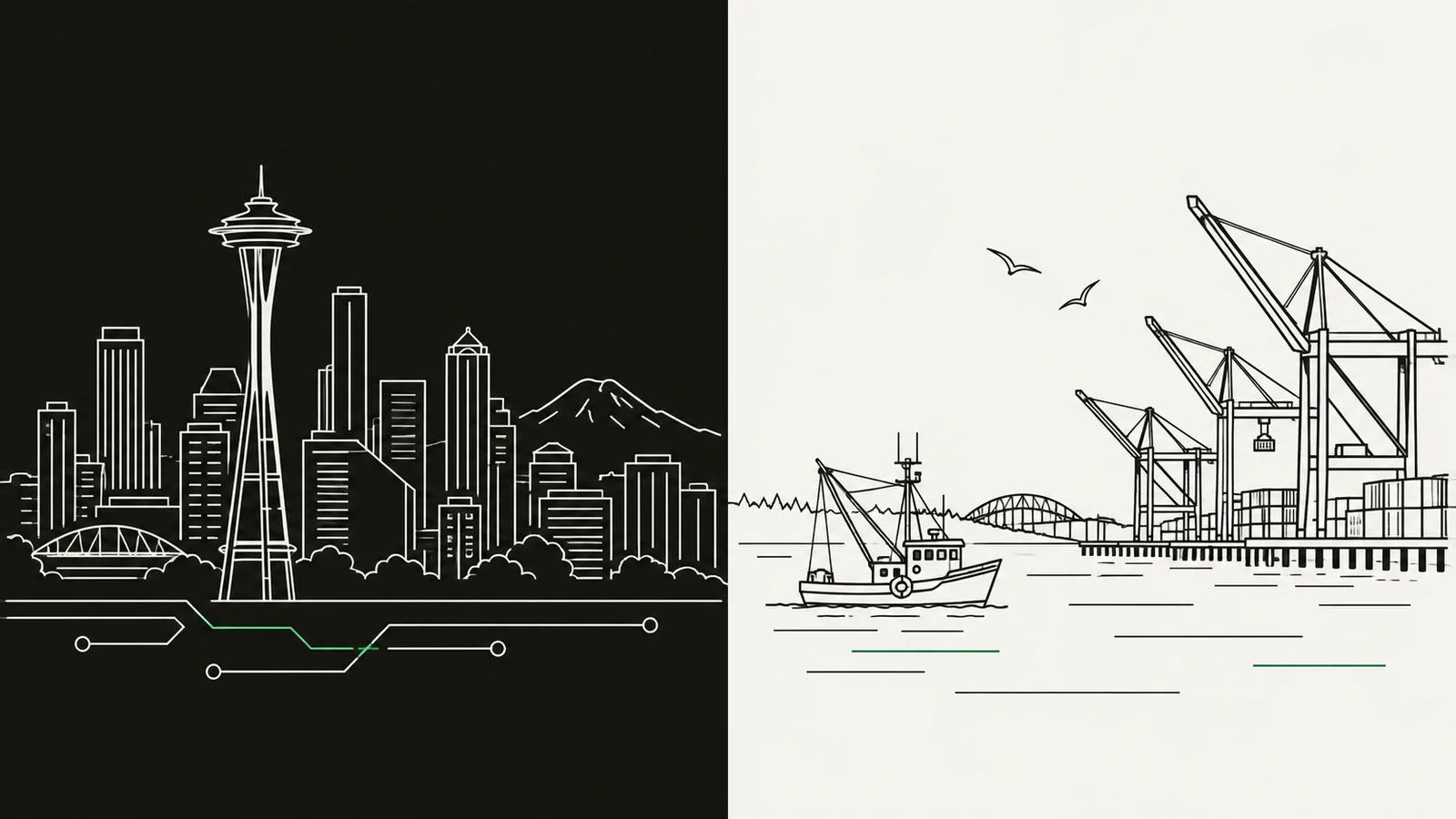 Two Seattles in one line illustration — the downtown tech skyline with the Space Needle, and the working waterfront with container cranes and a fishing boat