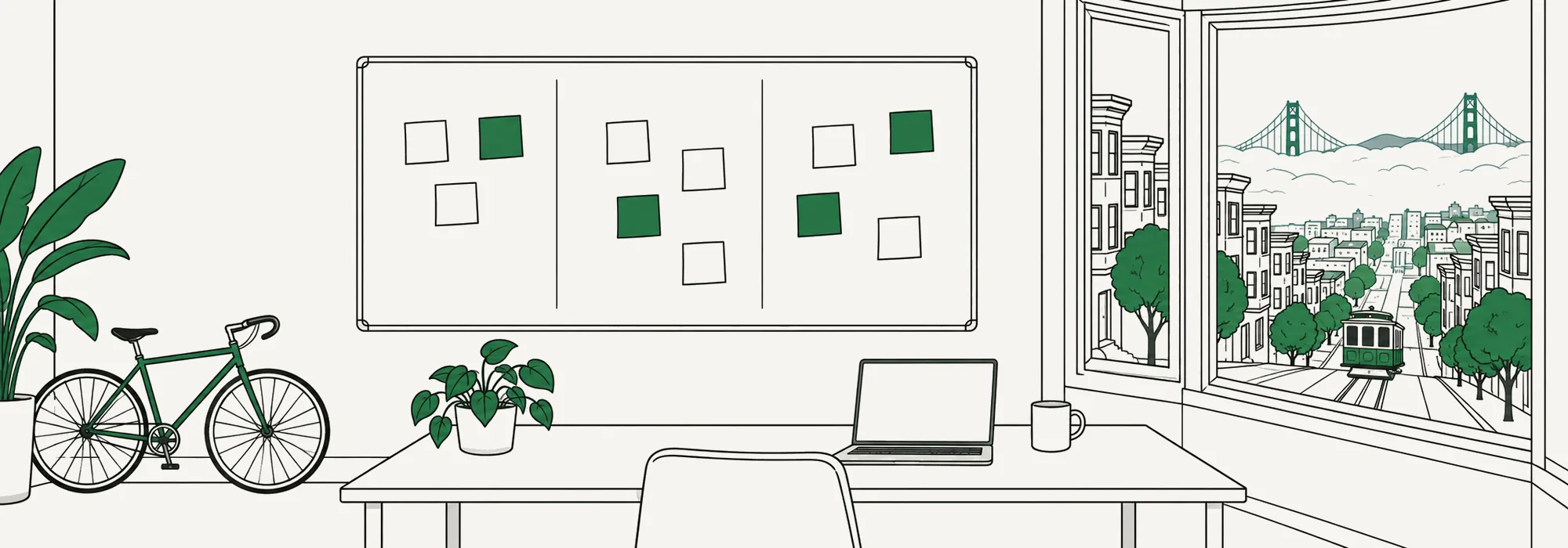 Line-art of a small San Francisco startup office: a three-column whiteboard covered in blank sticky notes, a laptop and mug on a desk, a bicycle against the wall, and through the bay window a cable car climbing a steep street toward the two towers of a suspension bridge rising out of fog